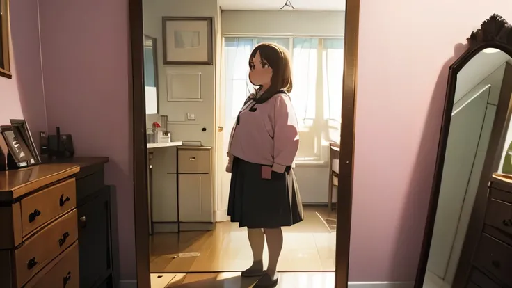  a girl of about  ,  standing in front of a mirror in her room . Observe her reflection ,  with an expression of sadness and frustration because she is obese