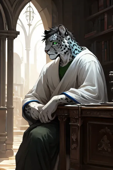 ( alone),(( is the best quality)), ((masterpiece)), ( detailed), upper body, male anthropomorphic leopard,  white fur , White skin, white fur , short black hair , Green Eyes,Calm, mature, Casual wear,  Muscular ,