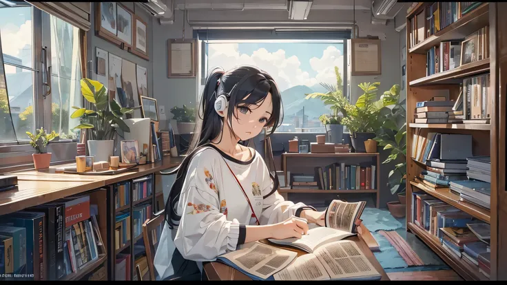 Best quality, masterpiece, ultra high res, (beautiful anime woman, beautiful black eyes, beautiful face, pretty, studying peacefully, wearing earphones, reading book, books on table), black ponytail hairstyle, (visually satisfying background), (aesthetic m...