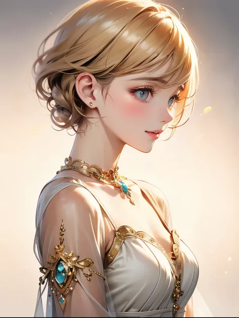 (masterpiece),((highest quality)),(Perfect Anatomy),(beautiful and luxurious:1.2),1 girl,facial expressions of happiness,small breasts,((blonde beauty)),Beautiful white dress,Transparency,short hair,soft colors,pastel tones,cinematic lighting,(Highly detai...