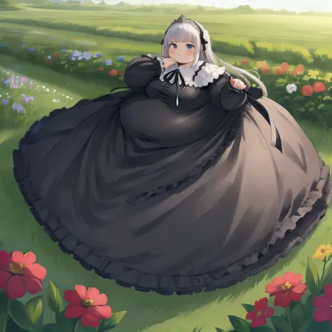 Beautiful Queen, obesity, long sleeve , dress,ribbon, pantyhose,frills, puff sleeve ,black dress,black pantyhose,neck ribbon,frilled dress, juliet sleeve,white ribbon,skirt, full body, Field and flowers in the background , achromatic , masterpiece, ul...