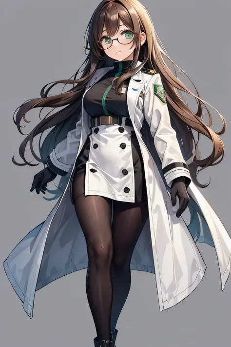 masterpiece, high quality, 4K, HDR,, A female police officer with green eyes, brown wavy long hair, wearing glasses, a white coat, and black tights, with a slim build, against a transparent background, full body