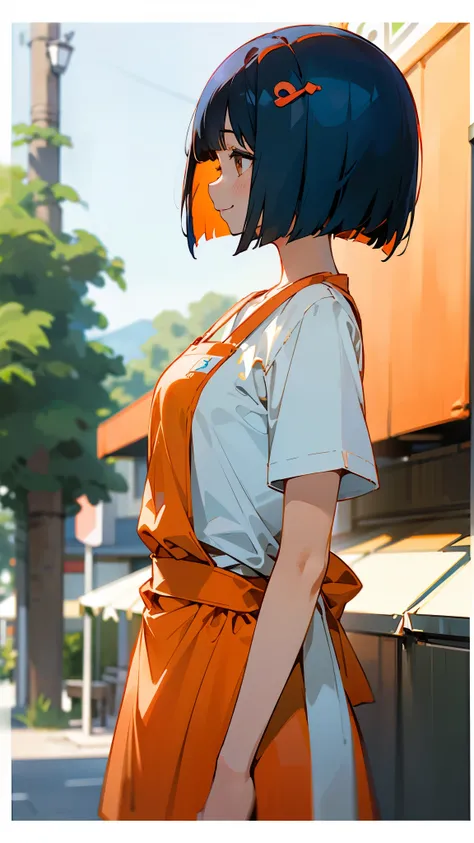 1 Girl、Anime Images、 cute woman、shrimp、apron、 dark blue hair 、 bob cut from the front、 jet black brown eyes 、 orange hair ornament 、、smile、From the side、simple t-shirt 、 shorts、 cafe terrace with clear outline、 blurred background 、 the depth of the drawn b...