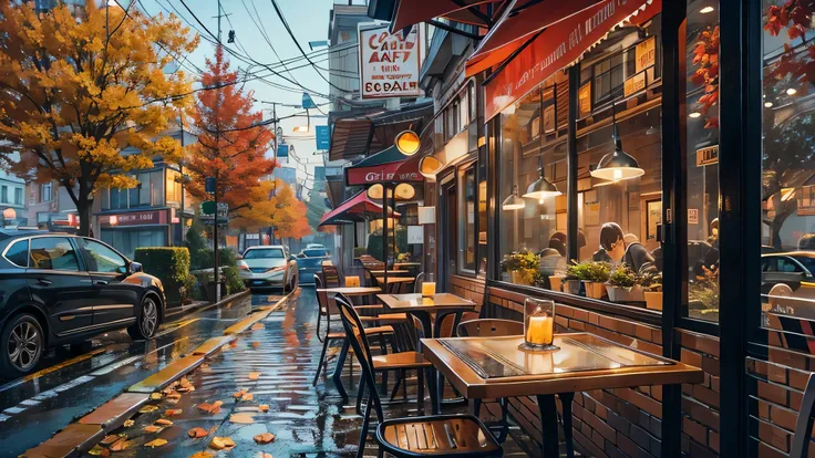 Best quality, masterpiece, ultra high res, (visually satisfying cozy cafe), (aesthetic modern lights, fall season, wet road, extremely detailed cafe, leaves falling on the road, lofi chill atmosphere), (((lofi cozy chill atmosphere, extremely detailed mode...