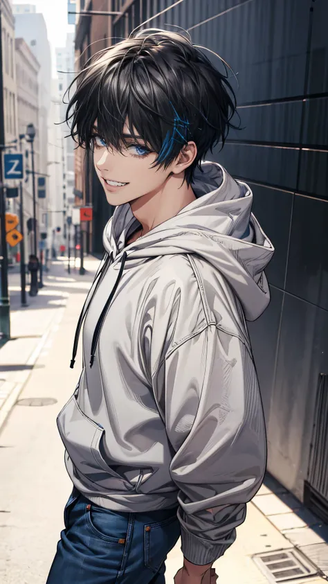 (absurdres, highres, ultra detailed), 1 mature male (short black Quiff hair with Soft Fringe, bangs part on side 3:7 ratio) (blue eyes), handsome, tall muscular guy, mature, from directly above, (hoodie, jeans, beanie), colorful, artistic, depth of field, ...