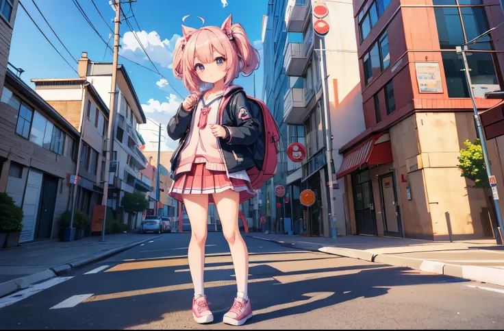  Anime Girl in Skirt and Jacket ,Wearing a backpack, render of a cute 3d anime girl, Anime style 3D, Anime Stylized , little loli girl, Highly detailed characters, cute characters, stylized anime, April Rendering,   Solo Character Full Body  ,  Anime Virtu...