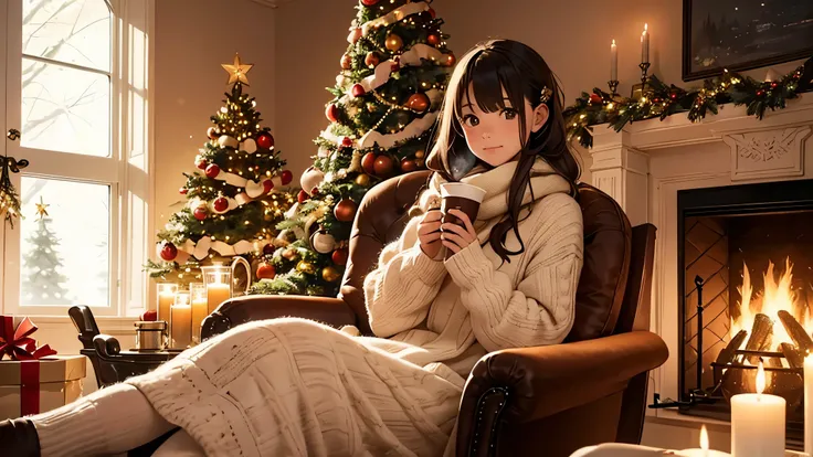 "A cozy Christmas scene with a young girl sitting by a warmly lit fireplace, surrounded by a festive Christmas tree decorated with ornaments and lights. She has a peaceful expression, looking out the window at softly falling snow. She wears a cozy sweater ...