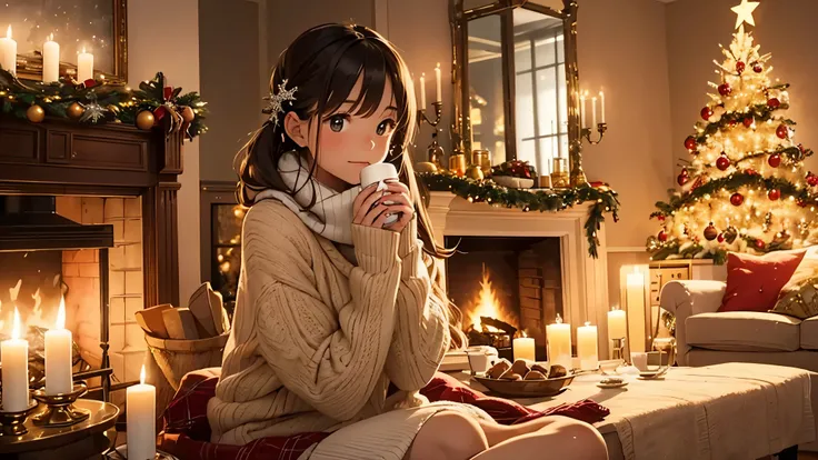 "A cozy Christmas scene with a young girl sitting by a warmly lit fireplace, surrounded by a festive Christmas tree decorated with ornaments and lights. She has a peaceful expression, looking out the window at softly falling snow. She wears a cozy sweater ...