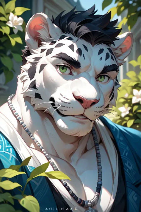 ( alone),(( is the best quality)), ((masterpiece)), ( detailed), upper body, male anthropomorphic leopard,  white fur , White skin, white fur , short black hair , Green Eyes,Calm, mature, Casual wear,  Muscular ,