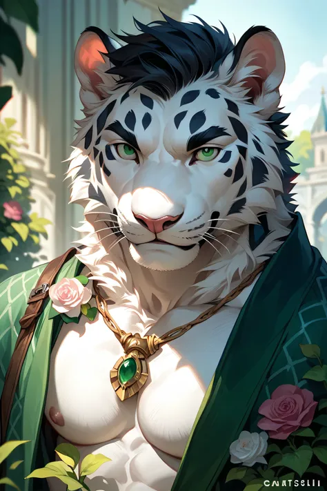 ( alone),(( is the best quality)), ((masterpiece)), ( detailed), upper body, male anthropomorphic leopard,  white fur , White skin, white fur , short black hair , Green Eyes,Calm, mature, Casual wear,  Muscular ,