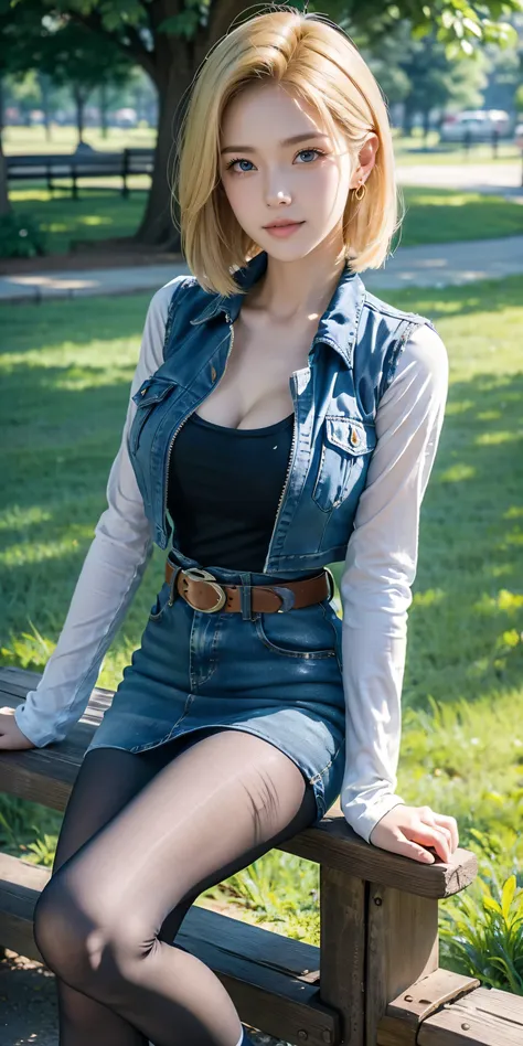 Android 18, Light Blonde hair, Medium Bob hair, Blue eyes, Wearing earrings, Long sleeves, Light blue denim mini skirt, There is a zipper seam line in the exact center of the front of the denim skirt that the thick white seam line and stitching clearly run...