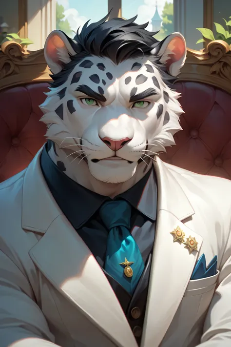 ( alone),(( is the best quality)), ((masterpiece)), ( detailed),Half Body, male anthropomorphic leopard,  white fur , White skin, white fur , short black hair , Green Eyes,Calm, mature,  suit ,  Muscular ,