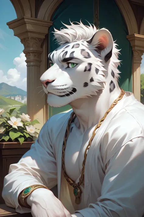 ( alone),(( is the best quality)), ((masterpiece)), ( detailed),Half Body, male anthropomorphic leopard,  white fur , White skin, white fur , short black hair , Green Eyes,Calm, mature,Casual wear,  Muscular ,