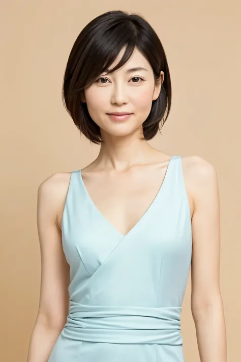 Masterpiece, professional photo quality, super high resolution, Photogravure, 1girl, a Japanese woman, 40 years old, slender body, very thin waist, cute face, detailed face, detailed eyes, short bob hair, various sexy dress, various background, portrait ph...