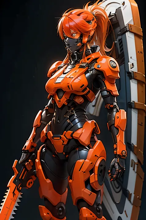 orange-haired woman  ( ponytail ),  perfect body , using robotic armor inspired by stihl chainsaws and brushcutters, wearing a h...