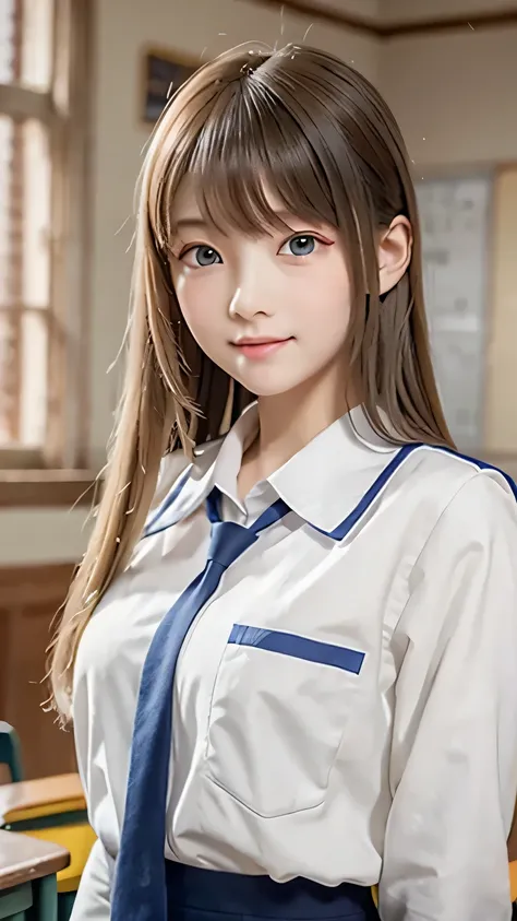 (High image quality、4K)、(Very realistic painting)、(school uniform, long sleeve shirt, soft lighting to enhance fabric texture, historic school building background)、(Powerful chest)、( blonde hair )、(Young face)