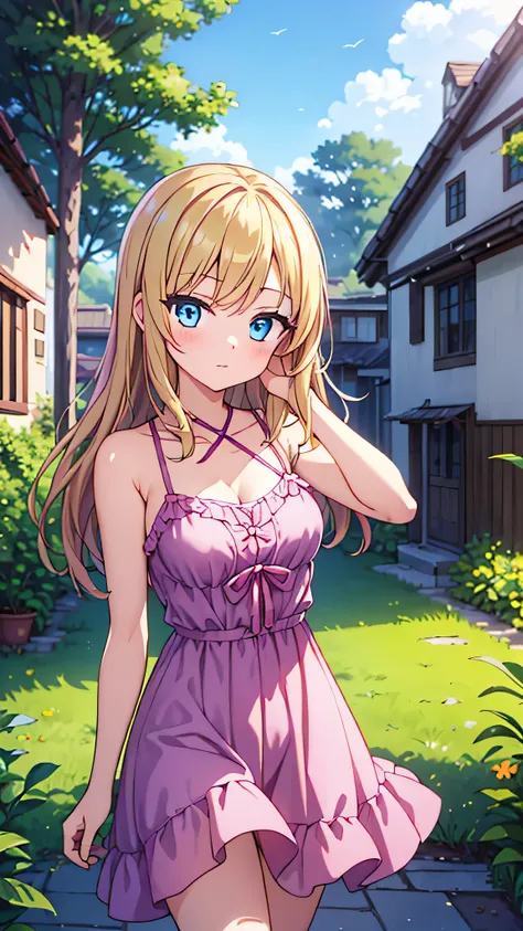 a woman in a village, medium length blonde hair, modest breasts, blue eyes, long pink sundress