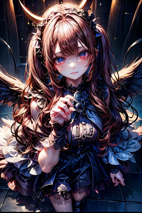 Best Quality, Hi-Res,Depiction of a perfect hand, one woman,Two arms,Two Legs,Beautiful Devil,Place your hands on the illustrated , black dress, Long Sleeve ,Black Hair,Black Hair,black hair, twin tails,Red eyes,Delicate frills, choker,sing,Hold the microp...