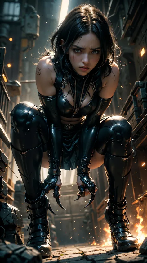 a girl x23 , pale skin,  crouched in a berseker pose , furious, (( x-23 wolverine )), ((( adjusted latex averages  ))), ((( has ...