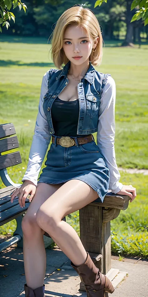 Android 18, Light Blonde hair, Medium Bob hair, Blue eyes, Wearing earrings, Long sleeves, Light blue denim mini skirt, The denim skirt on stitching clearly run vertically in a white dotted line all the way to the bottom of the denim skirt, Open-chested de...