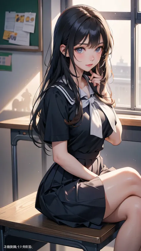 style image of a woman in a school uniform sitting in classroom, Long zcurly hair, Black hair, grey eyes, hyperrealistic schoolgirl, a hyperrealistic schoolgirl, seductive anime girl, realistic schoolgirl, beautiful anime high school girl, attractive anime...