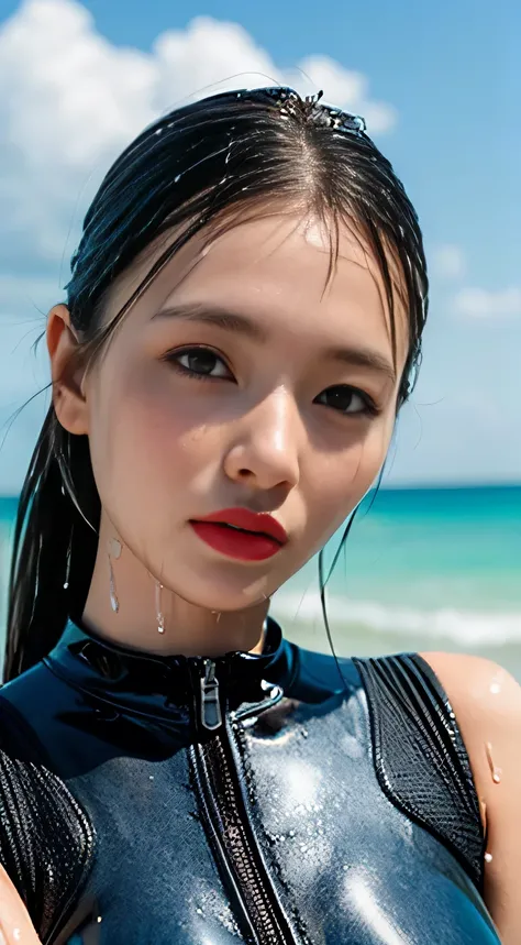 (Top Quality, 4k, Masterpiece: 1.3), Japan Woman, 1 Girl, Sexy: 1.1, Dark Brown Hair: 1.1, (Wet Body: 1.3), Glossy, Latex, Wetsuit, Ultra Detailed Face, Detailed Lips, Detailed Eyes, Red Lipstick, smail, beautiful beach background