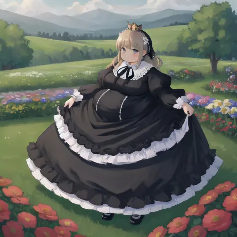 Beautiful Queen, Very obese, long sleeve , dress,ribbon, Pantyhose,frills, puff sleeve ,black dress,black Pantyhose,neck ribbon,frilled dress, juliet sleeve,white ribbon,skirt, full body, Field and flowers in the background , achromatic , masterpiece, ...