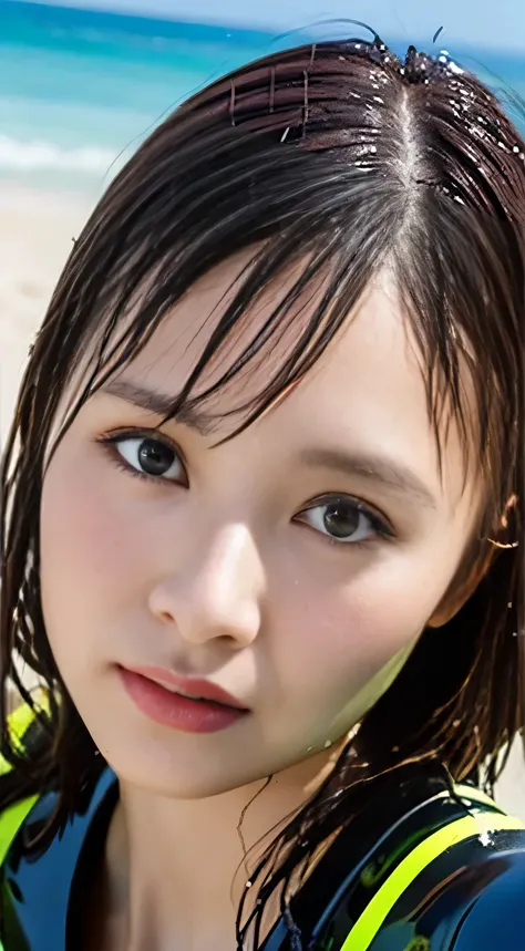 (Top Quality, 4k, Masterpiece: 1.3), Japan Woman, 1 Girl, Sexy: 1.1, Dark Brown Hair: 1.1, (Wet Body: 1.3), Glossy, Latex, Wetsuit, Ultra Detailed Face, Detailed Lips, Detailed Eyes, Red Lipstick, smail, beautiful beach background