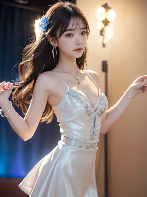 Are thin,Very small cleavage,skirt,masterpiece, Highest quality, figure, Sax Blue, Platinum Earrings, Platinum Necklace, White dress with colorful details,embroidery,Flowers,gem, One girl, cute, (Dynamic Lighting:1.2), Cinema Lighting, Delicate facial feat...
