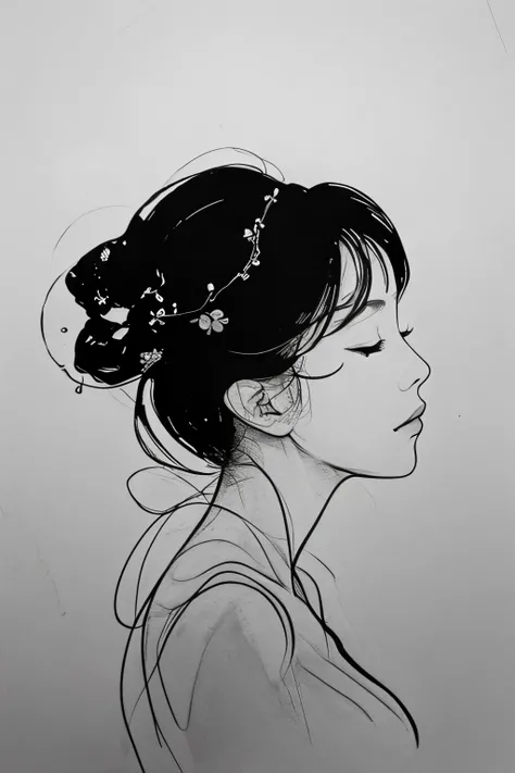 (best quality, high resolution, masterpiece:1.2), Super detailed, actual:1.37, (black ink sketch of Japanese woman:1.5), black ink sketch, smooth lines, Expressive facial expressions and gestures, simple background, Emphasis on light and shadow and spatial...