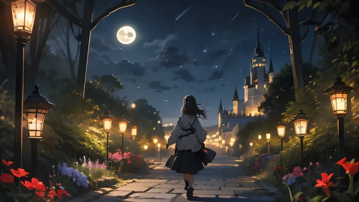 A dark-haired girl walking through a castle garden on a full moon night