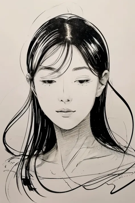 (best quality, high resolution, masterpiece:1.2), Super detailed, actual:1.37, (black ink sketch of Japanese woman:1.5), black ink sketch, smooth lines, Expressive facial expressions and gestures, simple background, Emphasis on light and shadow and spatial...