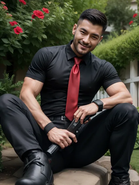 30years old,One Man,、 black shirt、Red tie、 black slim pants、 black gloves、Black boots、Combatant、With a pistol on his hip、garden、　 Sit with your legs open。short hair 、更にshort hair 、 undercut、Stubble　Muscular　Asian Face　 black shirt　View from below　Upper bod...