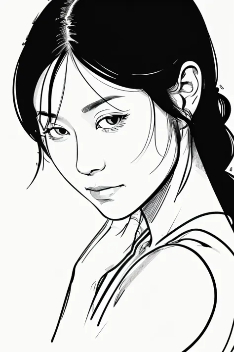 (best quality, high resolution, masterpiece:1.2), super detailed, actual:1.37, (black ink sketch of japanese woman:1.5), black i...