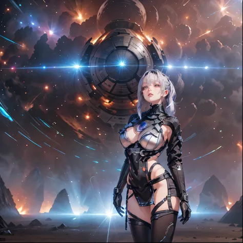 18-year-old girl with big breasts  ,  thin waist and big hips and thighs , Lenslya  , Big Weapons,Space base , edgy Pichi Pichis combat suit ,I have a weapon,Long-distance image,Stand facing the front,Full body painting, low angle, super giant robot in the...