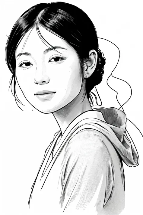 (best quality, high resolution, masterpiece:1.2), super detailed, actual:1.37, (black ink sketch of japanese woman:1.5), black i...