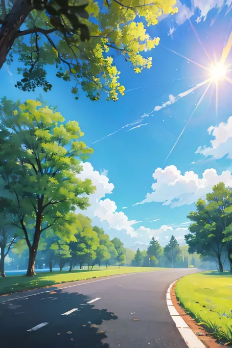 Background, front corner, sky, road, corridor, trees, roadside, park, bright clouds, sunlight, middle image, deep angle, perspective image, 1 point