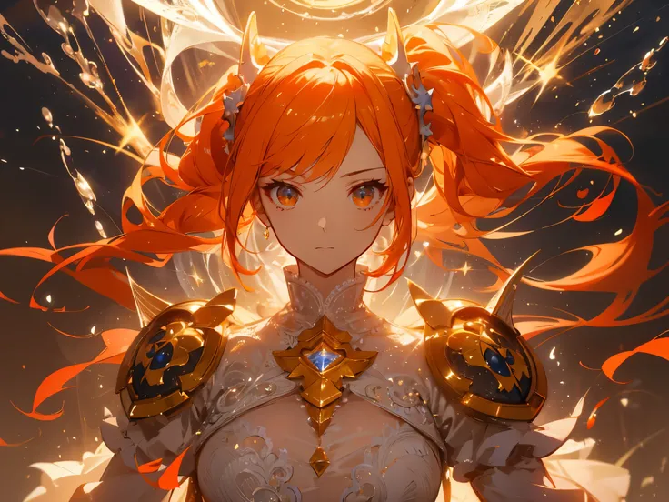  pure white background，masterpiece,  highest quality ， detailed facial ,  character design sheet ，whole body, Full of details, Multiple poses and expressions,  Very detailed,  Beautiful Paladin， Holding a shield ，Twin ponytails，Fantasy style，Orange Caramel...