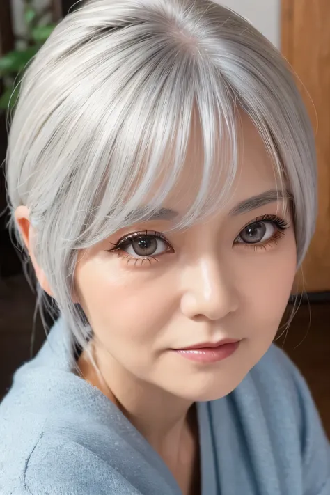 ((masterpiece)), ((Best Quality)),60s female, silver hair,Long eyelashes,Eye area up, Japanese,grandmother