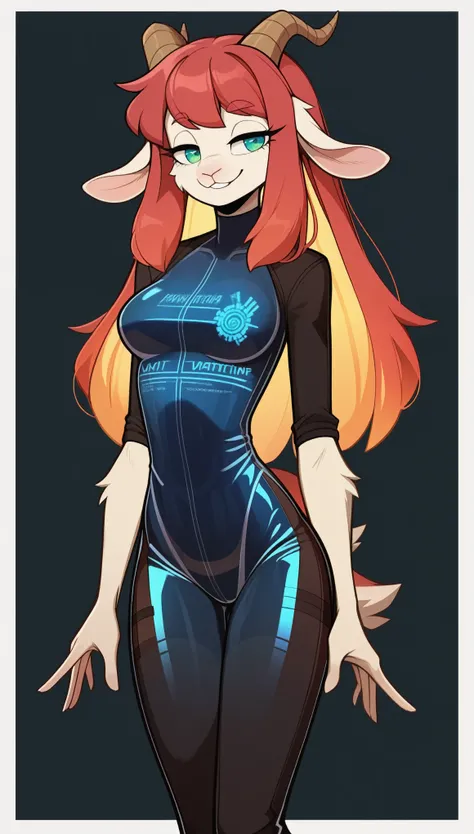 Half-closed eyes, smug smile, 1girl, anthro, furry, fur, fluffy fur, goat girl, showing glutes, holographic latex bodysuit, glossy latex suit, Transparent latex suit, bedroom background, score_9, score_8_up, score_7_up, score_6_up, score_5_up, score_4_up, ...