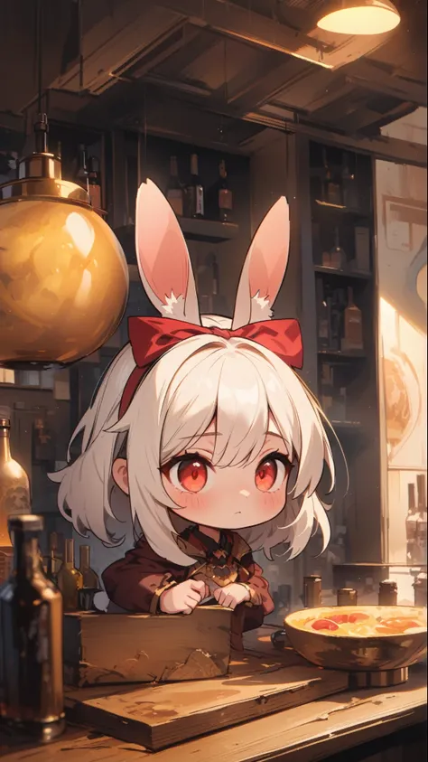 (2.5D),oil painting,solo,1girl(2.5D,Chibi,cute,kawaii,small ,(white hair:1.4),long,hair,rabbit ear,white classic dress with frill,red eyes,big eyes,skin color white,big black hairbow,thinking about somthing), BREAK ,background(inside,(gothic bar),at counte...