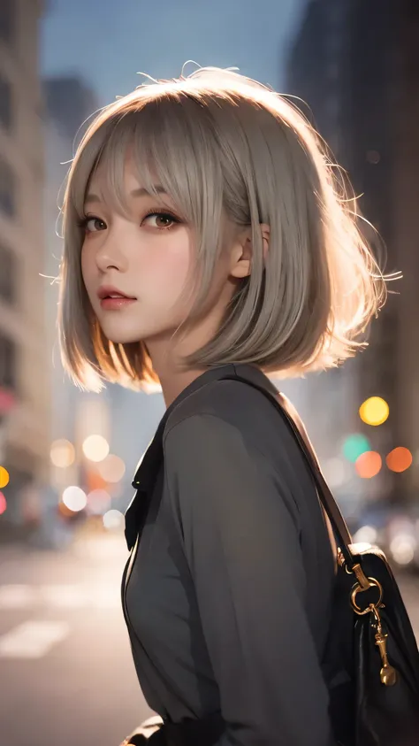 beautiful女の子が白いシャツ,  watercolor illustration , Grey Bob Hair,  firm hair ,  in the city at night, beautiful digital illustration,  fantasy background, beautiful, masterpiece, Best Quality,  anime Disney style , ( detail eyes ) , Golden Ratio, Perfect compo...