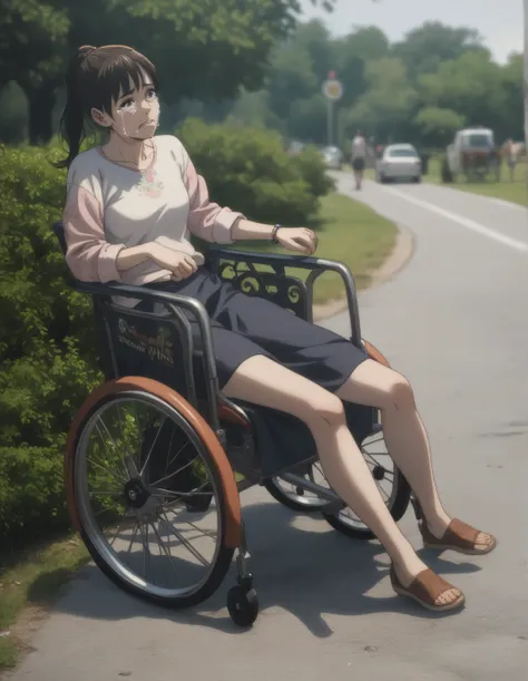 best quality, masterpiece, highly detailed, 8k, masterpiece, ((gsfghtr)), 1girl, crying, sitting in a wheelchair, casual clothes