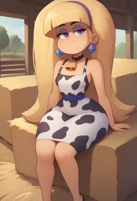 Pacifica Northwest. Small saggy breasts. huge hips. thin body, long blond hair with bell-shaped bangs and dark blue eyes. She also has thick purple eye shadow and lavender ring earrings. cow dress. farm. bales of hay. sitting

