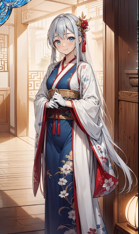 high quality， is the best quality， Shengya charm ，happiness，Gentle expression，in love，( transparent colored Hanfu ， exquisite and gorgeous design )， black gloves ，Silver Hair， blue eyes， Clear Clothes， exquisite hair accessories ， transparent lace ， carved...