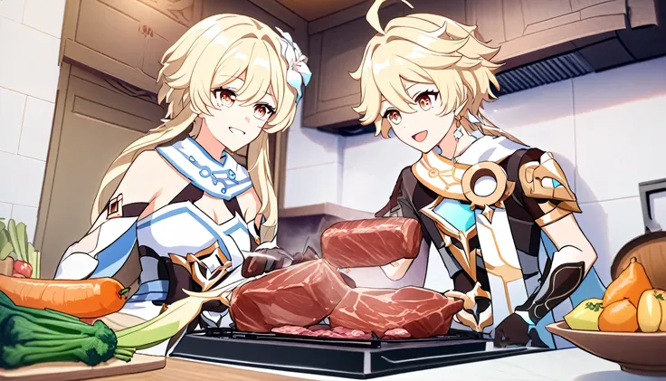 a brother and sister, boy and girl, aether and lumine, genshin impact, happy face, forcing together in the kitchen, cooking meat...