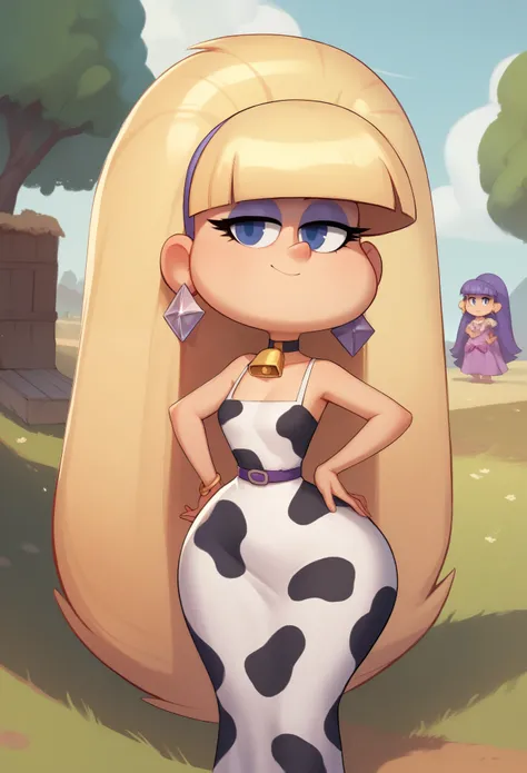 Pacifica Northwest. Small saggy breasts. huge hips. thin body, long blond hair with bell-shaped bangs and dark blue eyes. She also has thick purple eye shadow and lavender ring earrings. cow dress. farming