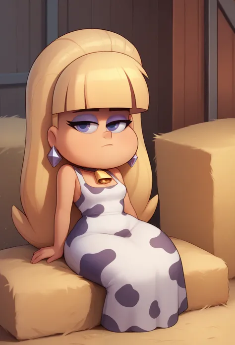 Pacifica Northwest. Small saggy breasts. huge hips. thin body, long blond hair with bell-shaped bangs and dark blue eyes. She also has thick purple eye shadow and lavender ring earrings. cow dress. farm. bales of hay. sitting
