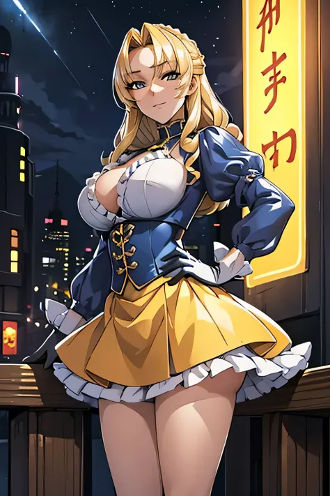 Top quality, detailed face, top quality, detailed eyes, detailed illustration, one woman, MILF, 19 years old, fighting noblewoman, blonde drilled hair, provocative smile, heavy blue and yellow aristocratic-style battle suit, ruffled sleeves, mini skirt, hi...