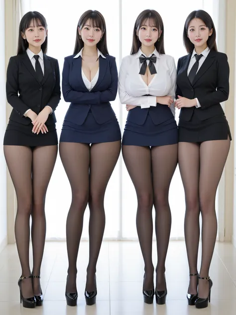  great quality, 16k,  Hi-Res, (Composition away from the subject), ( full body photo from face to ankle ), ( perfect anatomy:1.4), 3 Super Cute Japanese Women 18 Years Old ,  beautiful secretaries loyal to their master who loves black pantyhose ,  Beautifu...